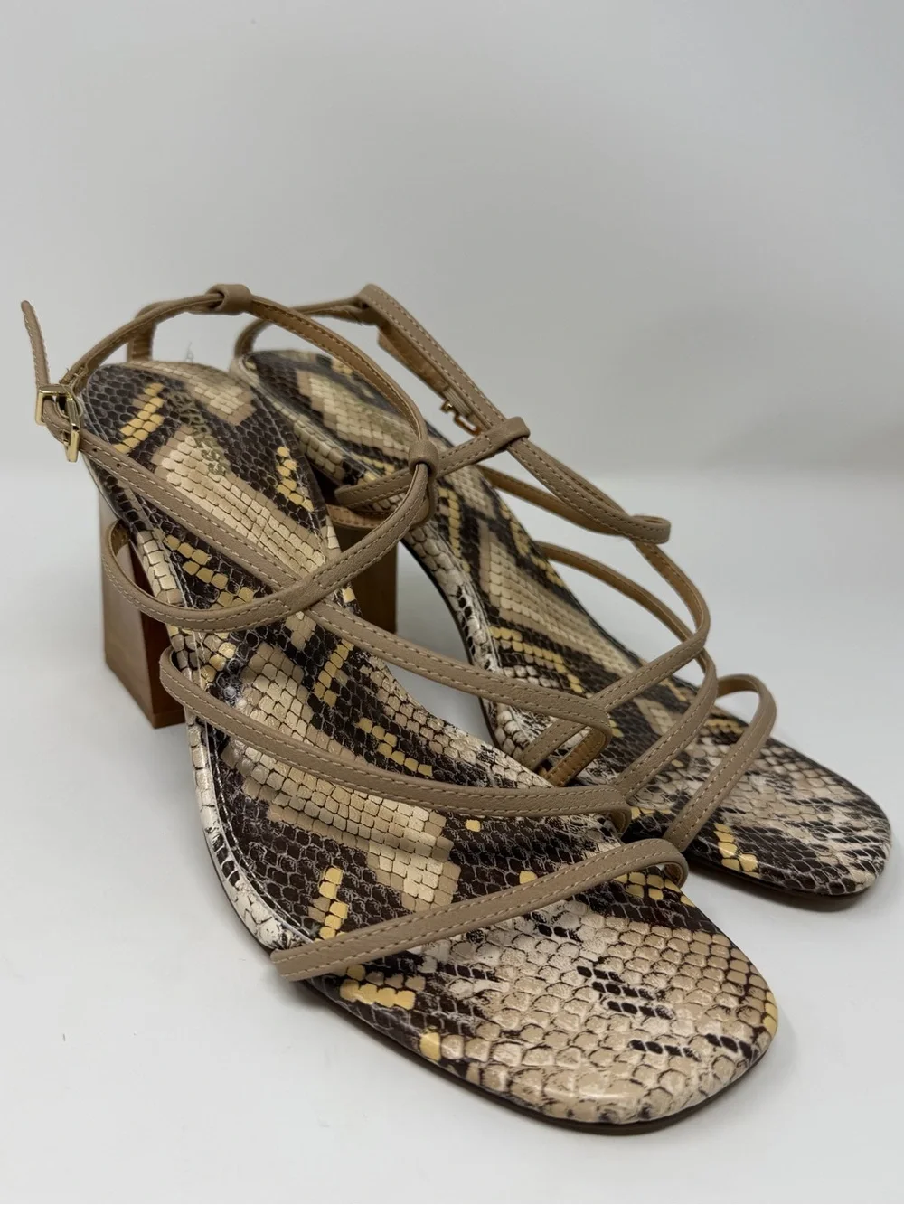 Women's Express Taupe Snakeskin Print Strappy Block Heel Sandals